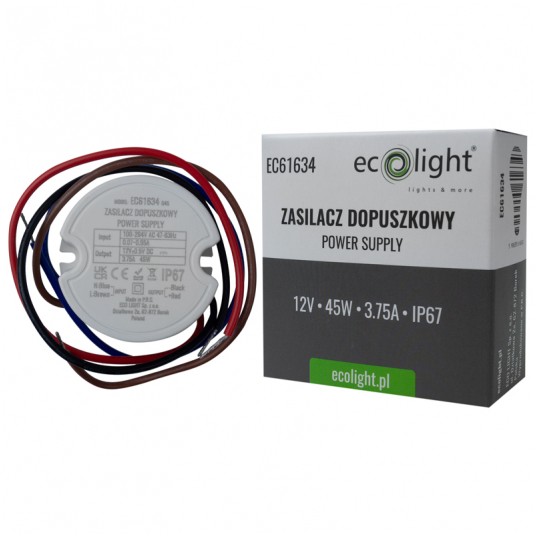Zasilacz do puszki fi60 3,75A 45W 12V IP67 50x22
