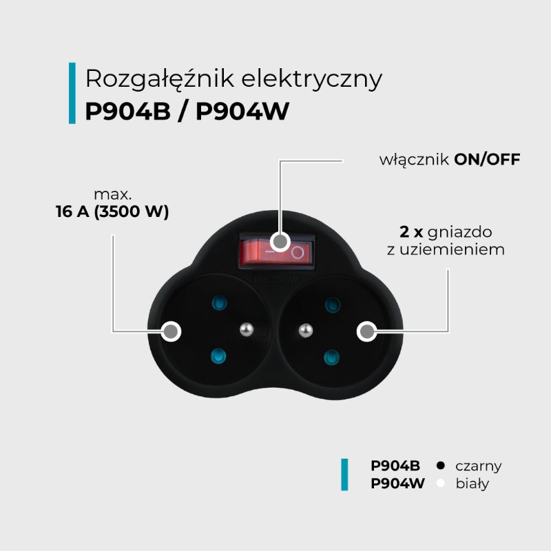 Rozgałęźnik elektryczny z włącznikiem 2 gniazda z uziemieniem czarny - obrazek 4