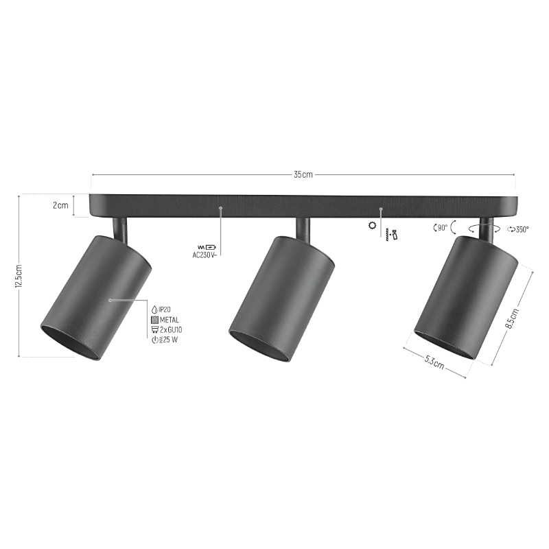 Lampa punktowa 3 x GU10 regulowana, czarna - obrazek 5