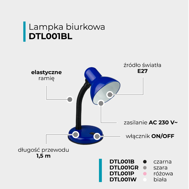 Lampka biurkowa E27 niebieska - obrazek 4