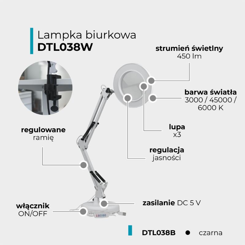 Lampka biurkowa LED z lupą USB 8W 450lm CCT biała - obrazek 14