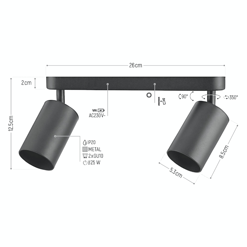 Lampa punktowa 2 x GU10 regulowana czarna - obrazek 3