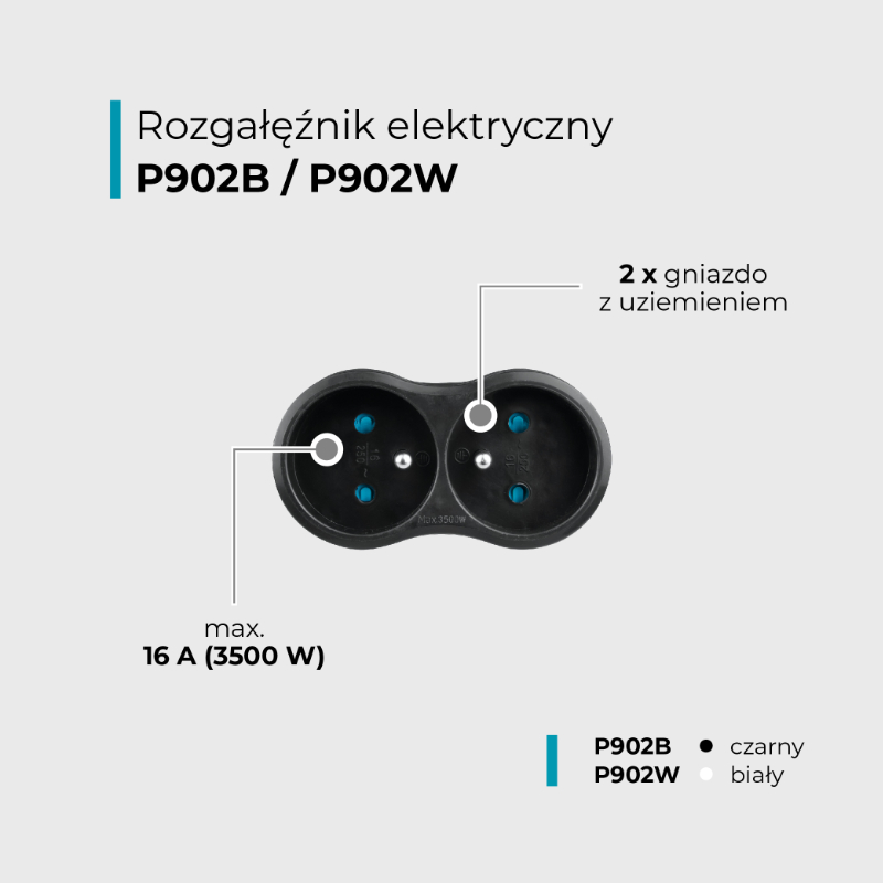 Rozgałęźnik elektryczny 2 gniazda z uziemieniem czarny - obrazek 2