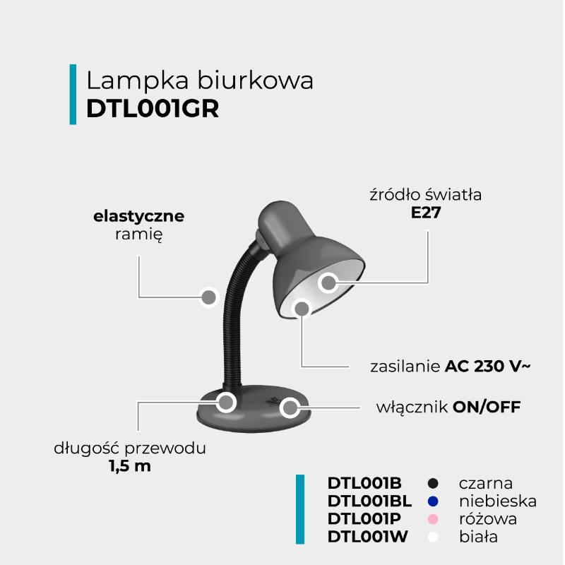 Lampka biurkowa E27 szara - obrazek 4